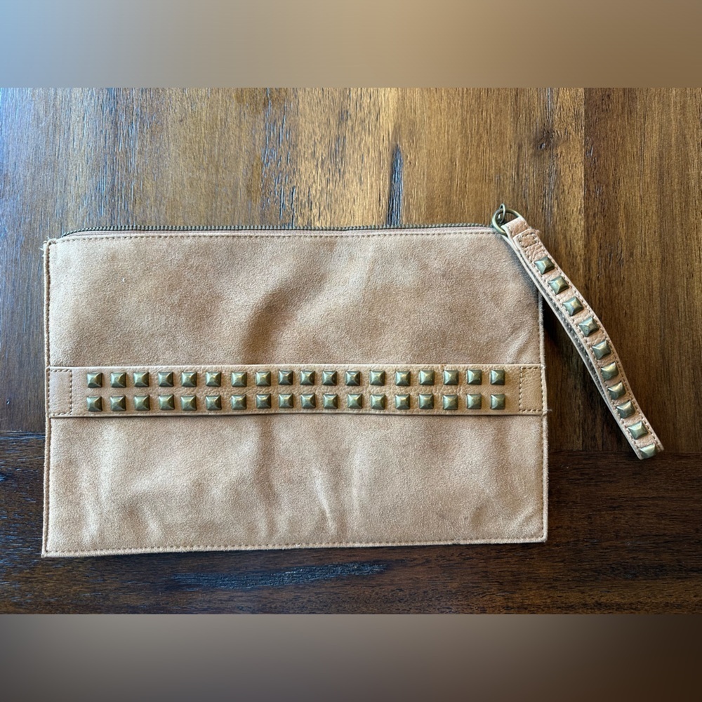 Express Tan Suede Studded Clutch
